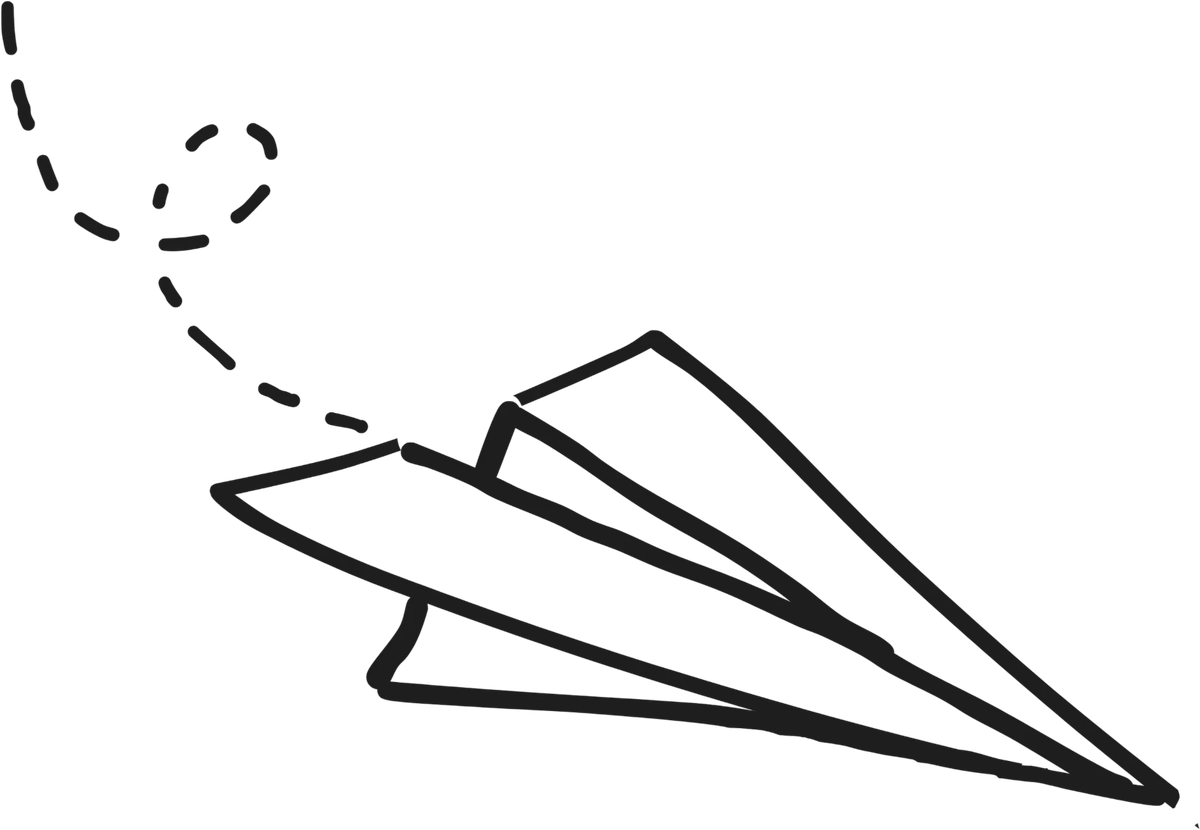 A hand-drawn paper plane, with a dashed line trailing behind it.